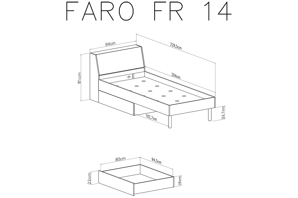 Mládežnická postel 90x200 Faro FR14 - Alb lux / stejar artizanal / šedý Mládežnická postel 90x200 Faro FR14 - Alb lux / stejar artizanal / šedý - schemat