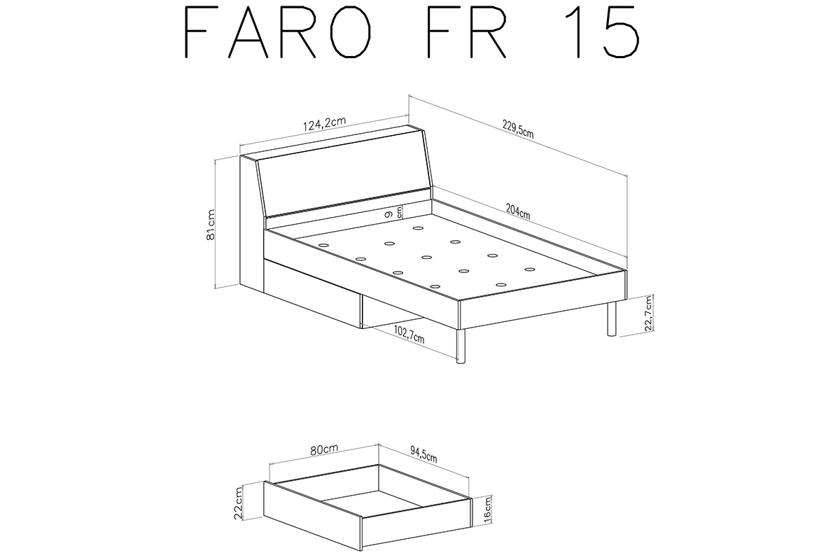 Detská posteľ Faro FR15 120x200 cm - biely lux / dub artisan / šedá Posteľ študentský  120x200 Faro FR15 - Biely lux / Dub artisan / šedý - Rozmery