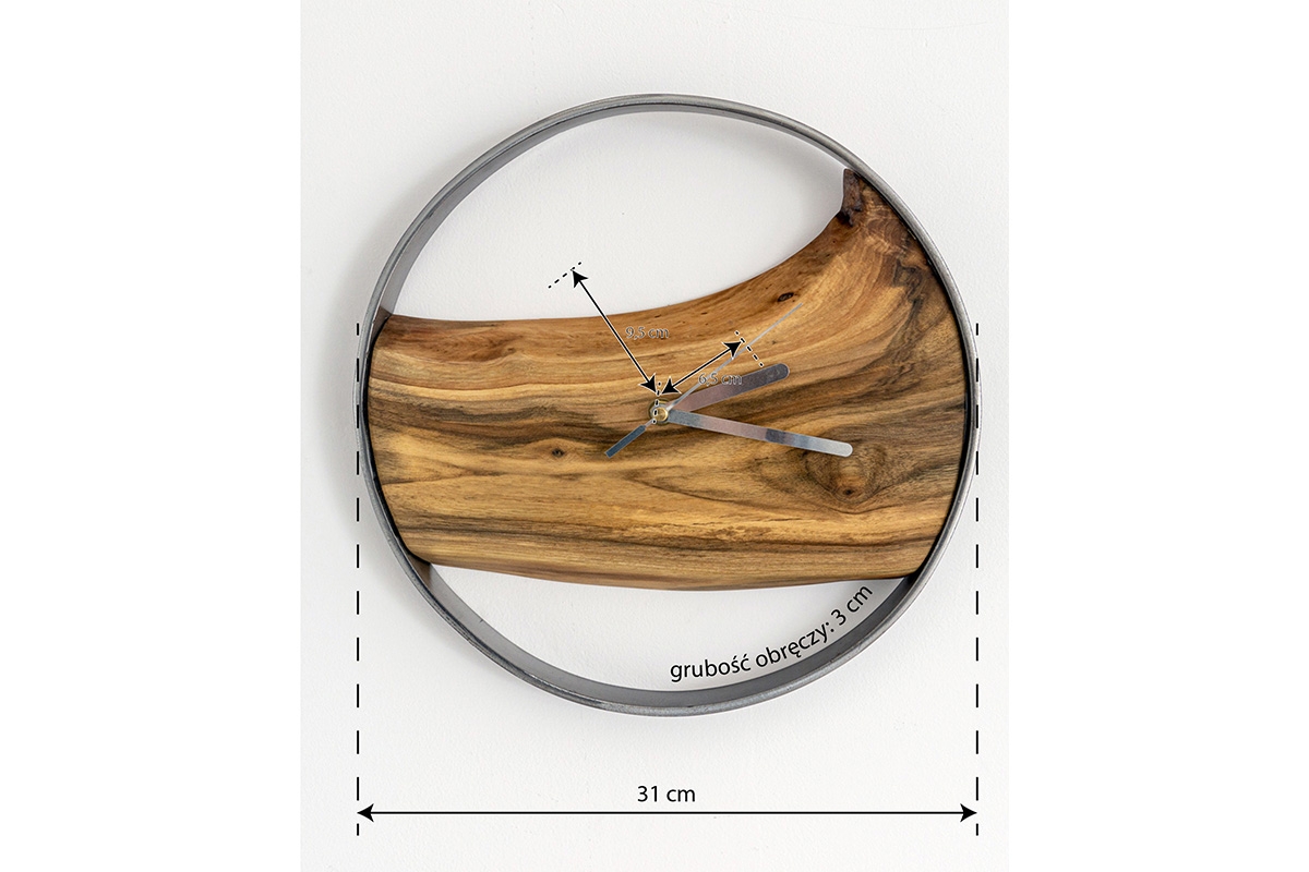 Drevené nástenné hodiny KAYU 10 Orech v Loft štýle - Oceľ - 31 cm Drevené nástenné hodiny KAYU 10 Orech v Loft stylu - oceľ - Rozmery