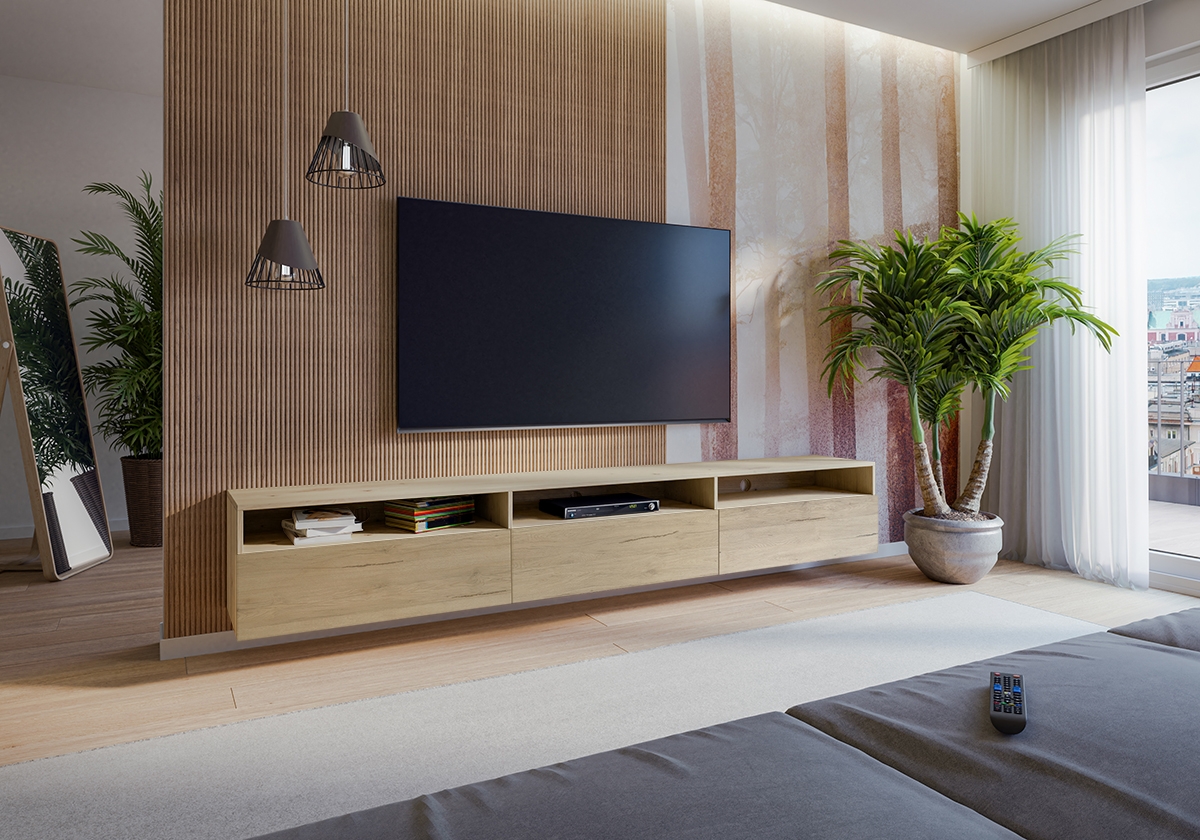 Univerzálny TV stolík Baros 40 s otvorenými policami 270 cm - svetlé san remo Moderný nábytok do obývačky