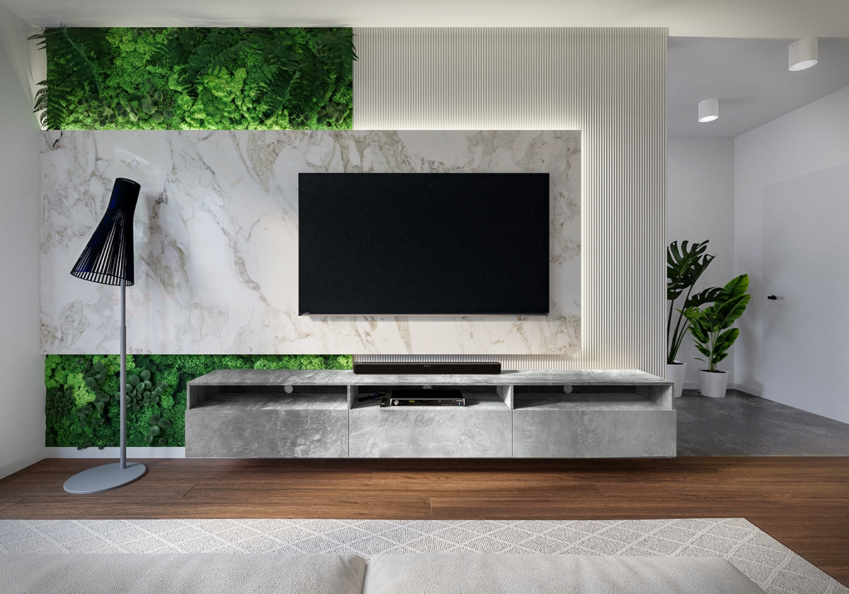 TV skrinka stojaco - závesná Baros 40 s tromi szafkami 270 cm - svetlý beton TV skrinkado obývačky 