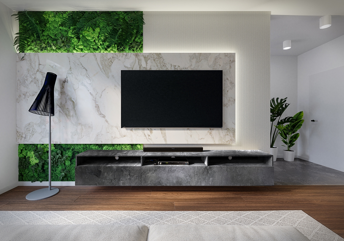 Stojaco závesná TV skrinka Baros 40 z wnekami 270 cm - tmavý beton / schiefer TV betón