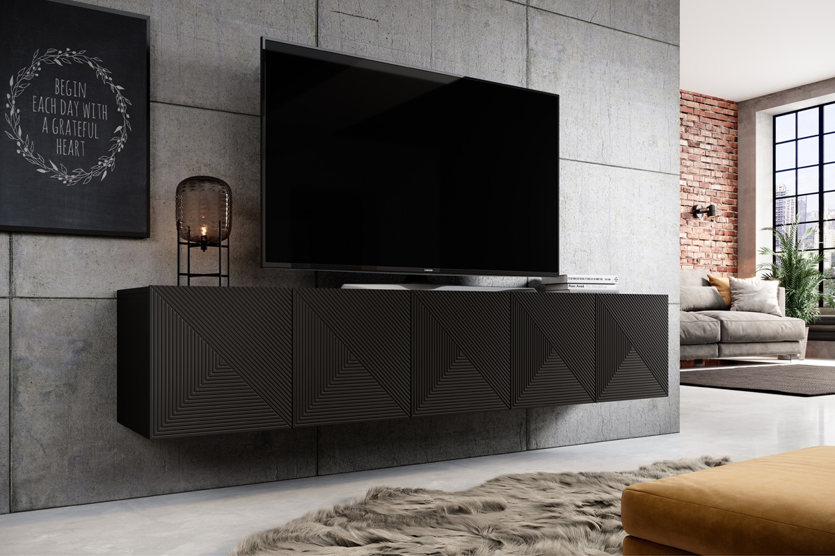 Asha falra szerelhető TV-állvány 200 cm - Matt fekete Skříňka tv závěsná Asha 200 cm - Fekete mat