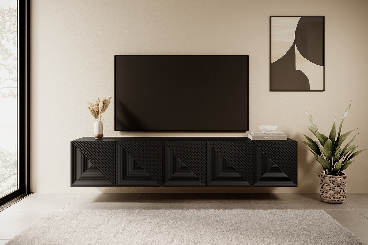 Závesná TV skrinka Asha 200 cm - čierny mat TV skrinka Čierna