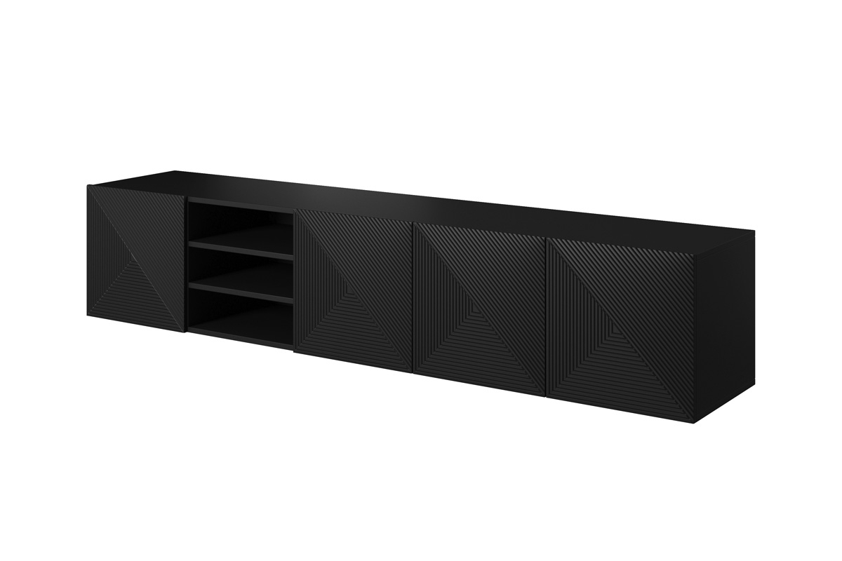 Závesná TV skrinka Asha 200 cm s otvorenou policou - čierny mat czarna szafka rtv 