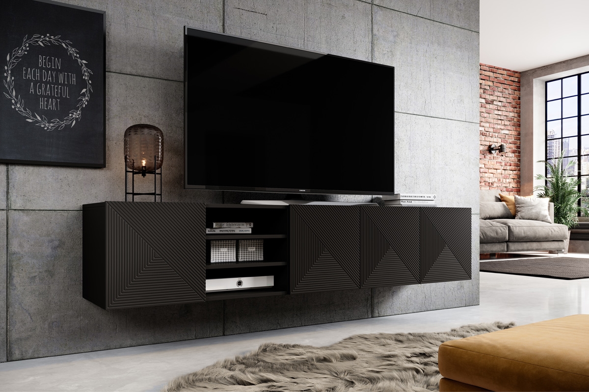Asha falra szerelhető TV-állvány 200 cm - matt fekete Skříňka tv závěsná Asha 200 cm s výklenkem - Fekete mat