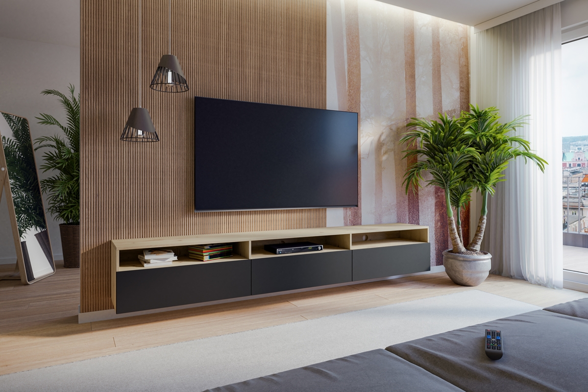 TV stolek Baros 40 s výklenky 270 cm závěsný/stojící - dub artisan / černý mat tv závěsná 