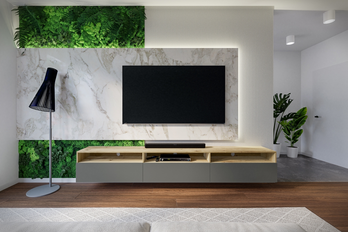 TV stolek Baros 40 s výklenky 270 cm závěsný/stojící - dub artisan / šedý mat TV Komoda zavěšená
