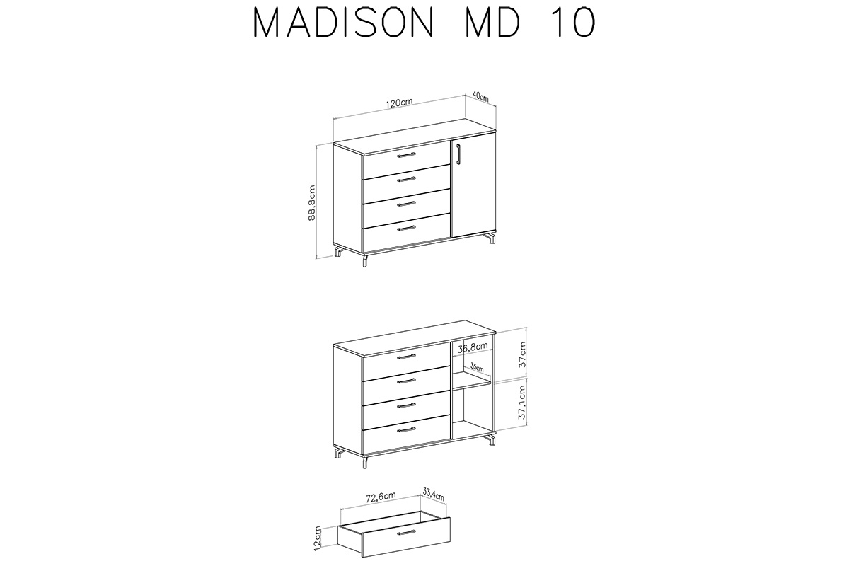 Komoda jednodverová so štyrmi zásuvkami Madison MD10 - Čierny / dub piškótový Komoda jednodverová so štyrmi zásuvkami Madison MD10 - Čierny / dub piškótový - Rozmery
