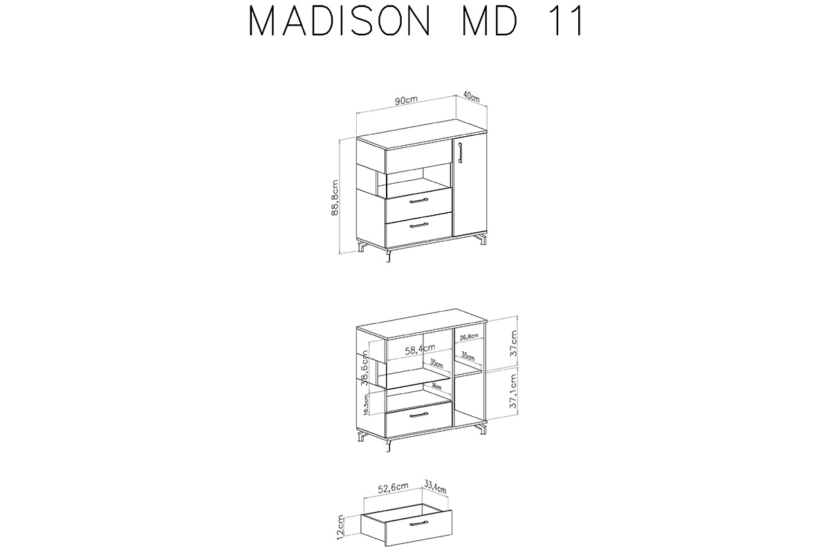 Komoda Madison MD11 - černá / dub piškotový Komoda dvoudveřová se zásuvkou Madison MD11 - Černý / dub piškotový - Rozměry