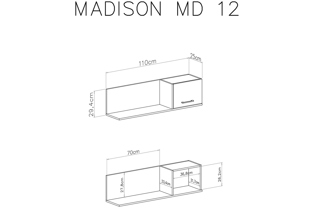 Polica závesná z skrinka Madison MD12 - Čierny / dub piškótový Polica závesná z szafka Madison MD12 - Čierny / dub piškótový - Rozmery