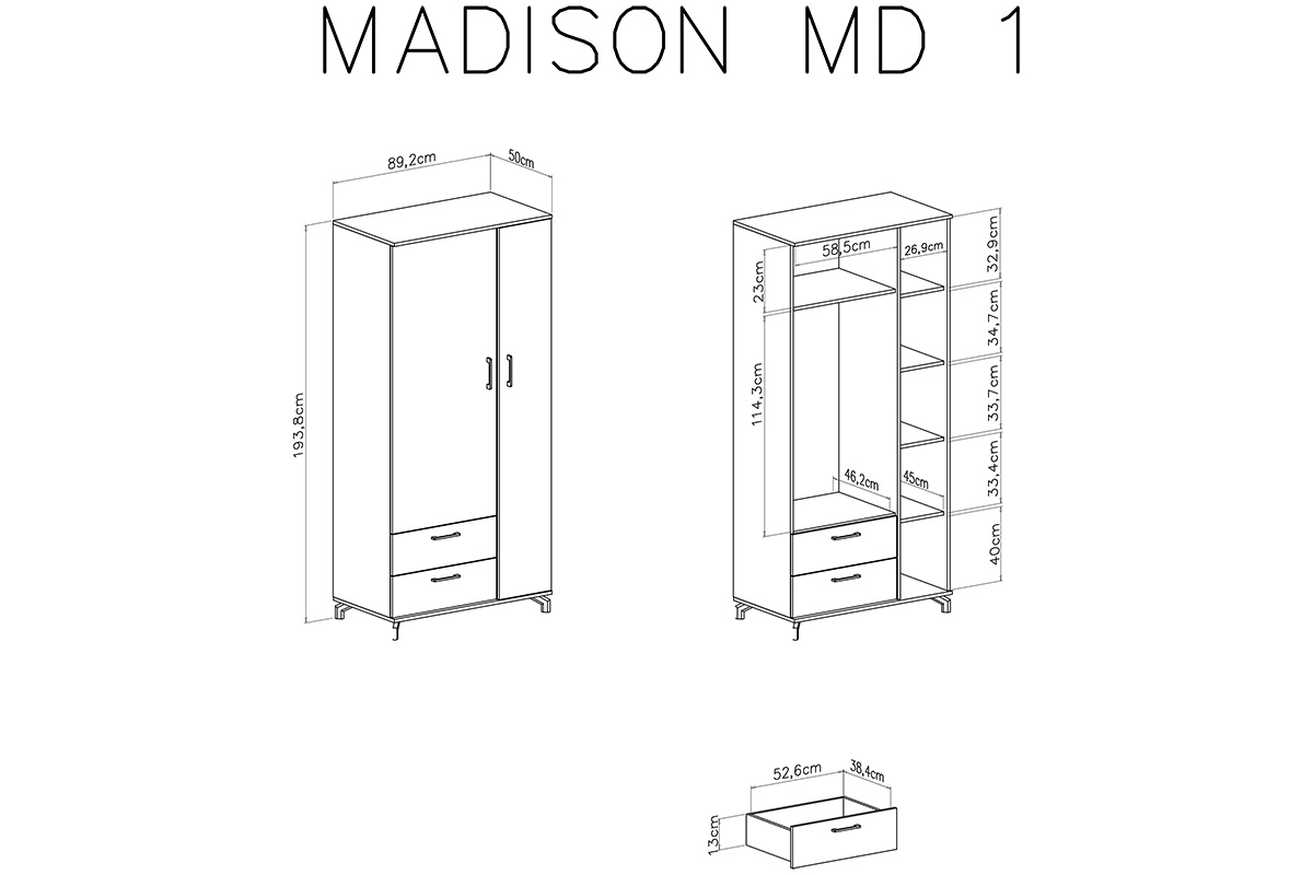 Skříň dvoudveřová se dvěma zásuvkami Madison MD1 - Bílý / Dub piškotový Skříň dvoudveřová se dvěma zásuvkami Madison MD1 - Bílý / dub piškotový - Rozměry