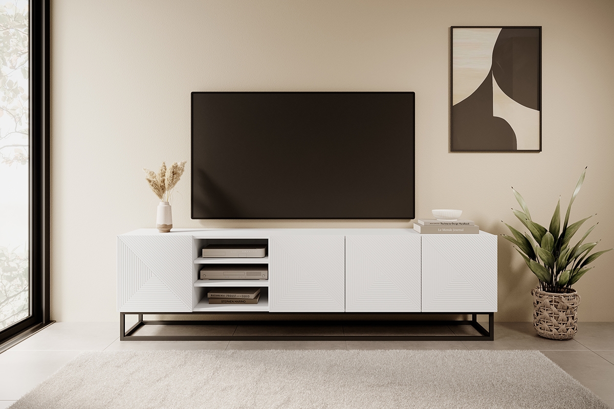 TV stolík Asha 200 cm na kovovom podstavci - biely mat TV skrinka Asha 200 cm s kovovými nohami a otvorenou policou - biely mat