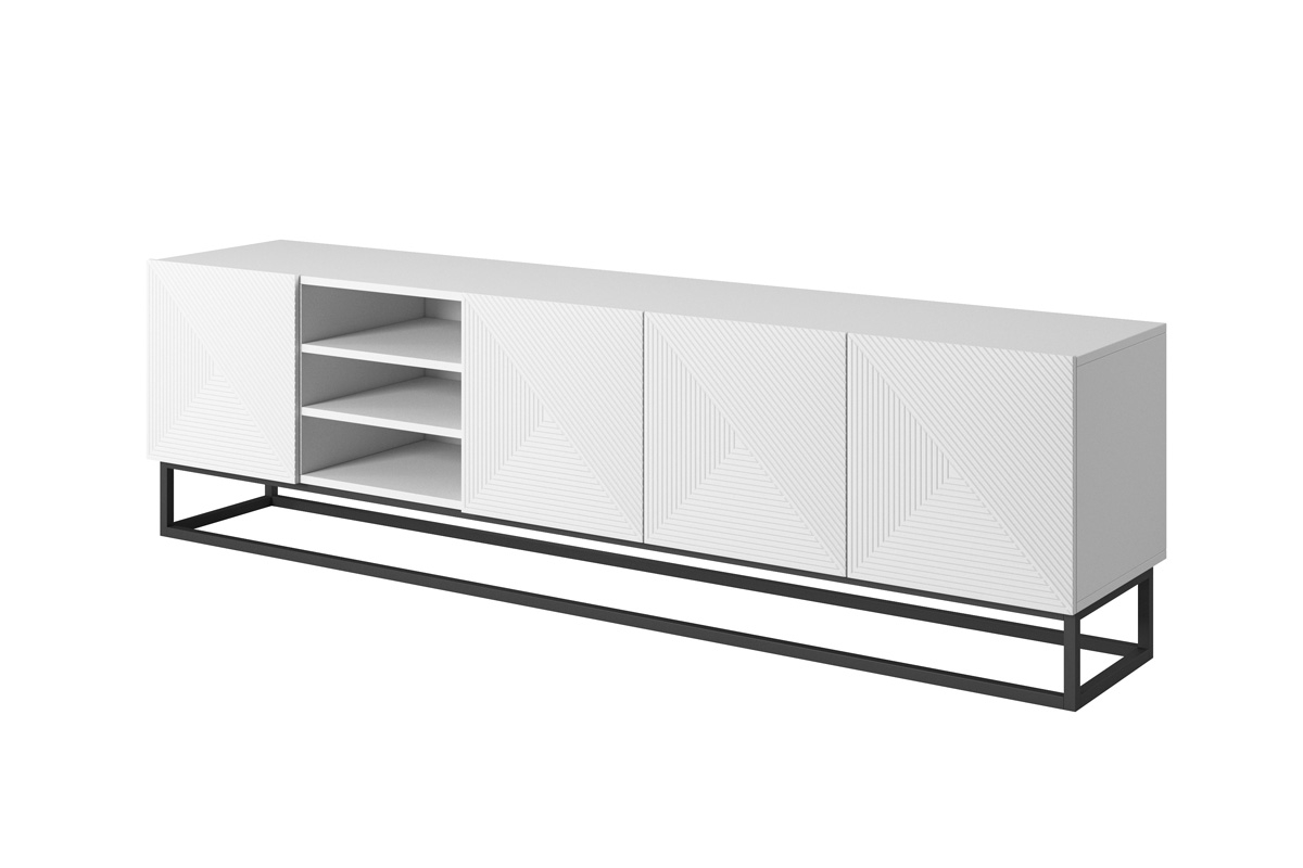 TV stolík Asha 200 cm na kovovom podstavci - biely mat TV skrinka Asha 200 cm s otvorenou policou na metalowych nohach - biely mat