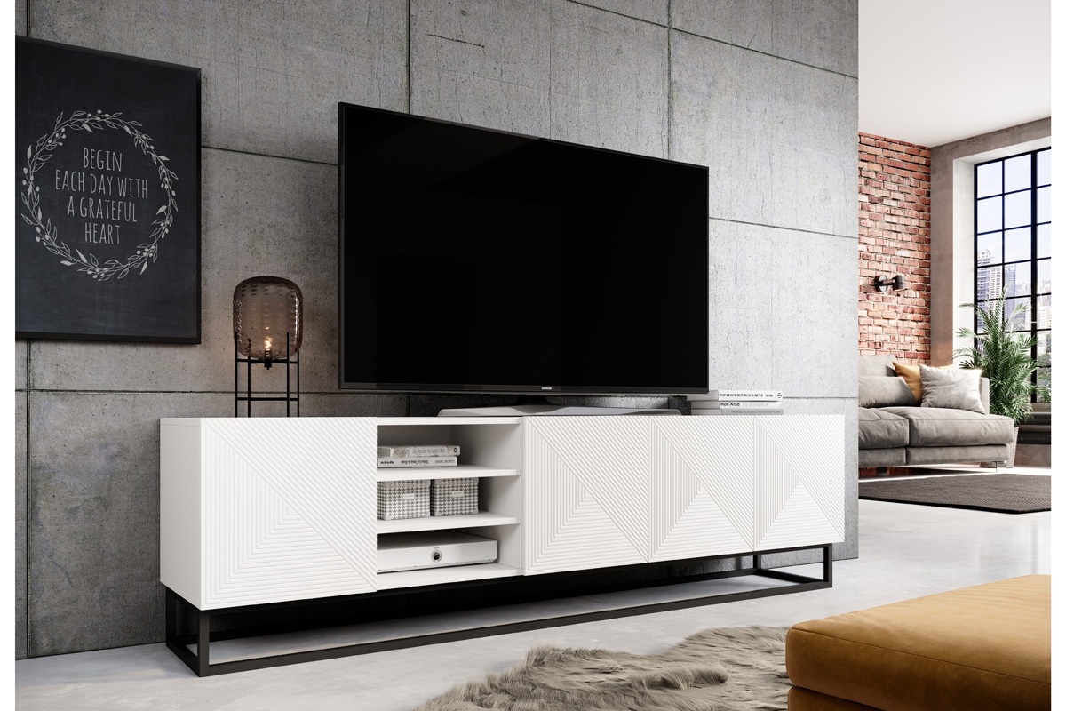 Asha TV-szekrény 200 cm, polccal, fémlábakon - matt fehér Skříňka do obývacího pokoje