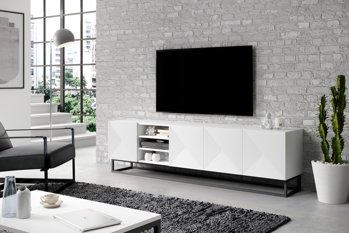 Asha TV-szekrény 200 cm, polccal, fémlábakon - matt fehér Skříňka tv Asha 200 cm s výklenkem na kovové podstavě - fehér matt