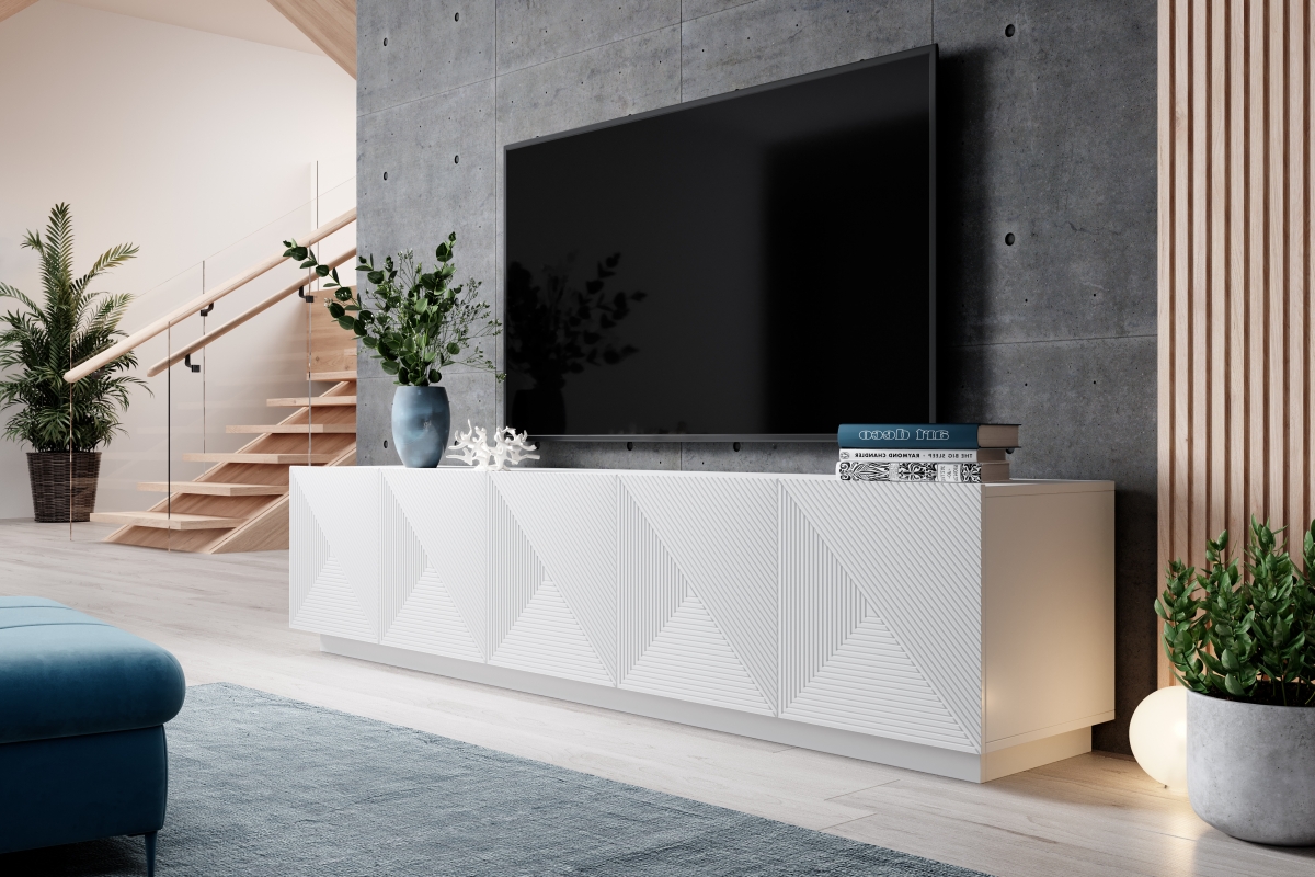 Moderný TV stolík Asha 200 cm - biely mat TV skrinka Asha 200 cm - biely mat - vizualizácia