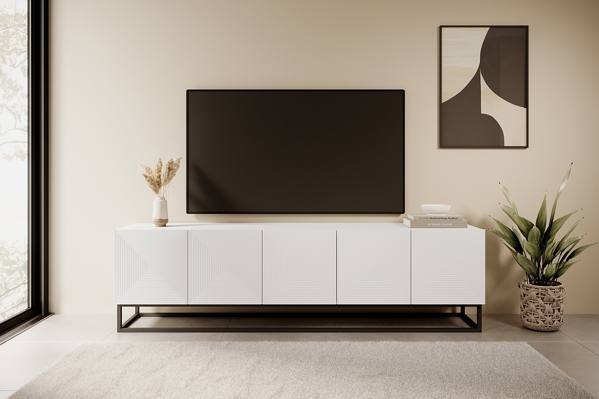 TV stolík Asha 200 cm na kovovom podstavci - biely mat TV skrinka Asha 200 cm s kovovými nohami - biely mat