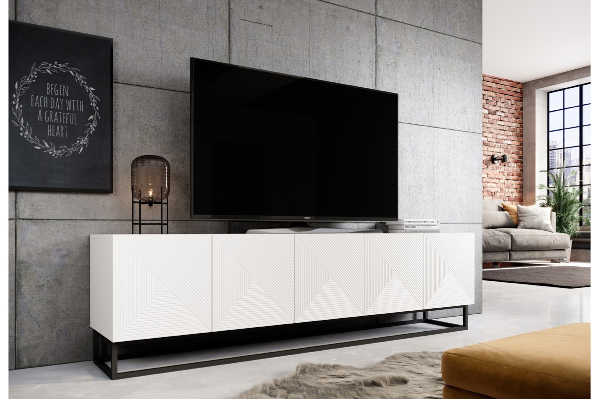 TV stolík Asha 200 cm na kovovom podstavci - biely mat TV skrinka