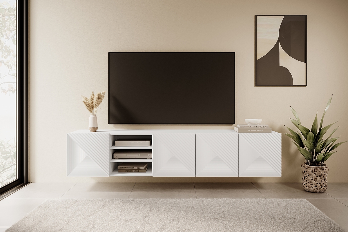 Závěsný TV stolek Asha 200 cm s výklenkem - bílý mat TV skříňka Asha 200 cm na kovové podstavě - Bílý mat - aranzacja