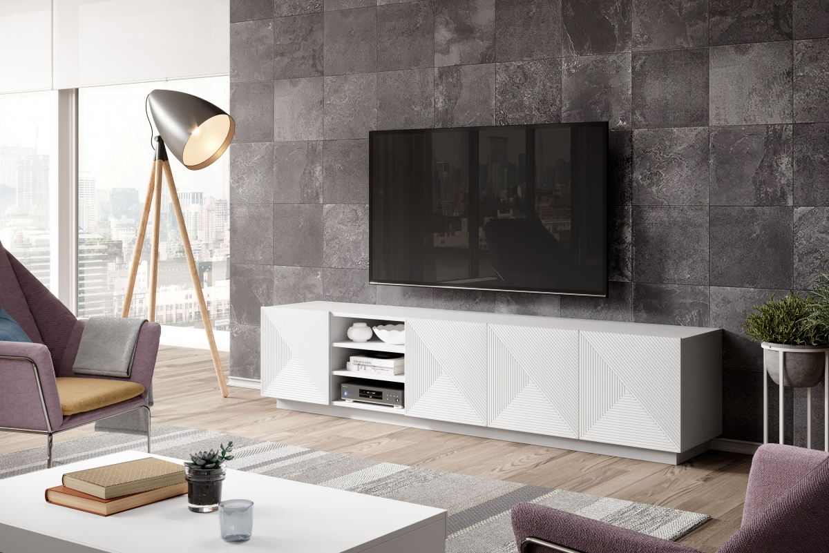 TV stolík Asha 200 cm s otvorenou policou - biely mat TV skrinka Asha 200 cm s otvorenou policou - biely mat - vizualizácia