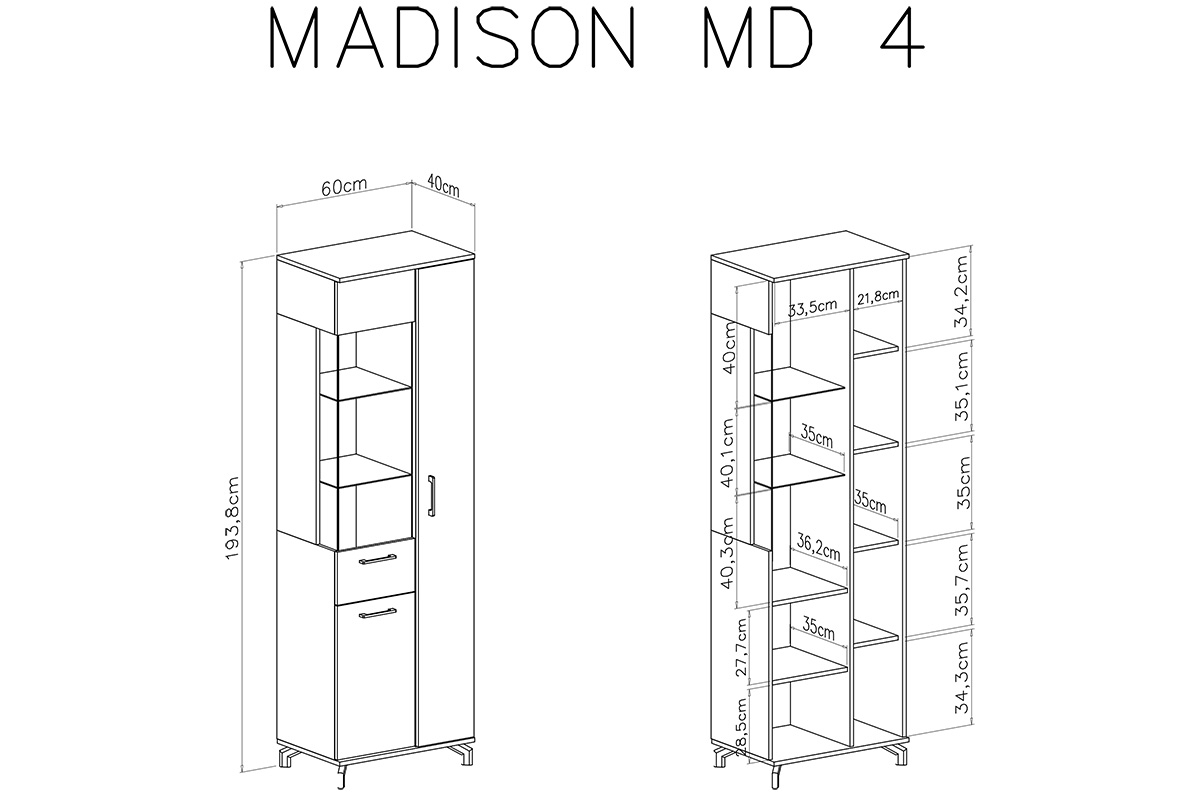 Vitrína třídveřová Madison MD4 - Bílý / Dub piškotový Vitrína třídveřová Madison MD4 - Bílý / dub piškotový - Rozměry