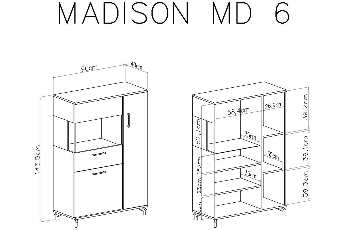 Komoda třídveřová Madison MD6 - Bílý / Dub piškotový Komoda třídveřová Madison MD6 - Bílý / dub piškotový - Rozměry