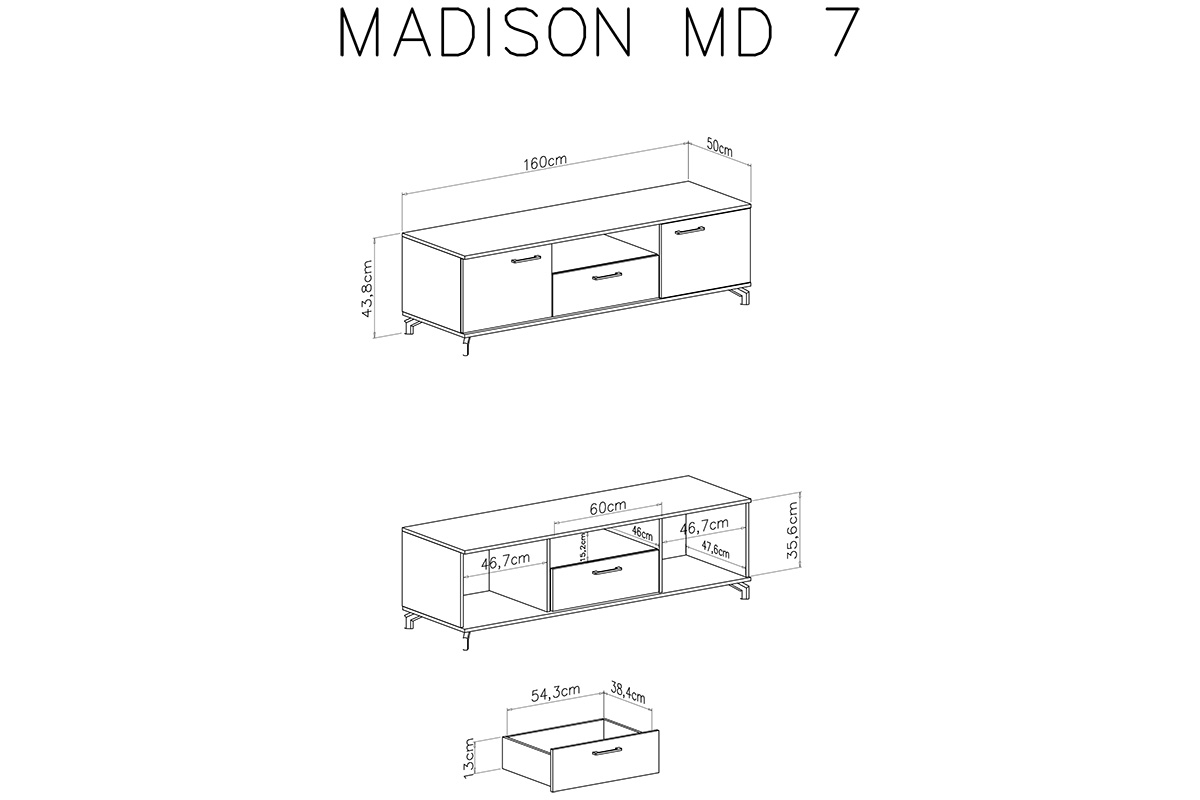 Komoda tv dvoudveřová s výklenkem a zásuvkou Madison MD7 - Bílý / Dub piškotový Komoda RTV dvoudveřová s výklenkem a zásuvkou Madison MD7 - Bílý / dub piškotový - Rozměry