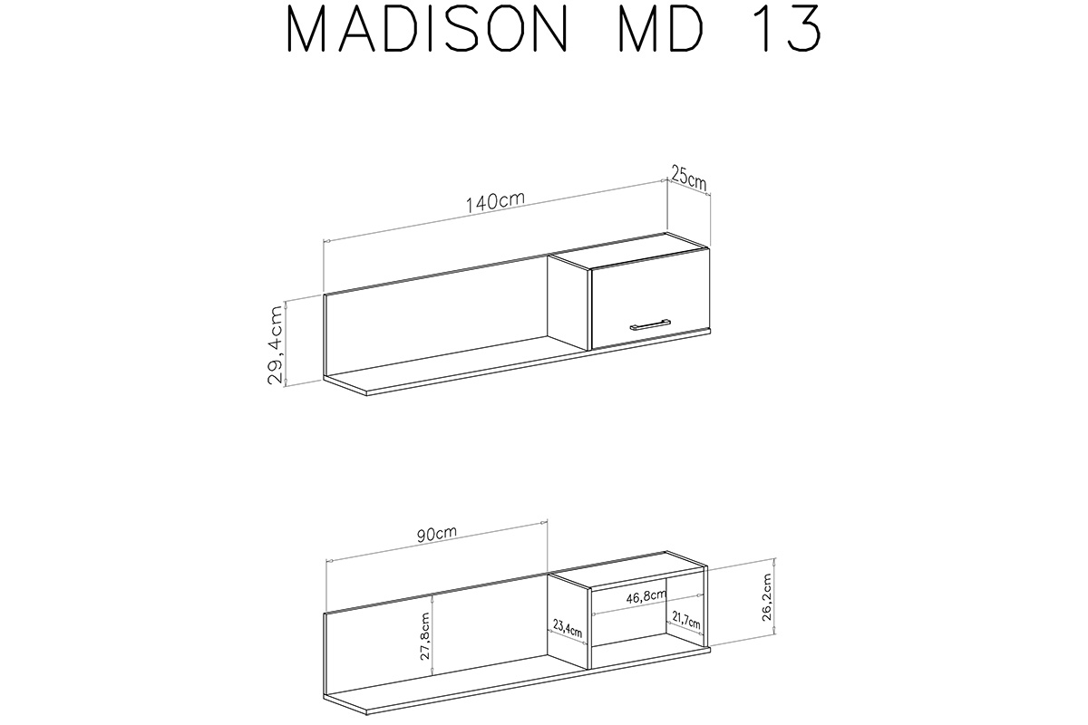 Police závěsná se skříňkou Madison MD13 - Bílý / Dub piškotový Police závěsná se skříňkou Madison MD13 - Bílý / dub piškotový - Rozměry