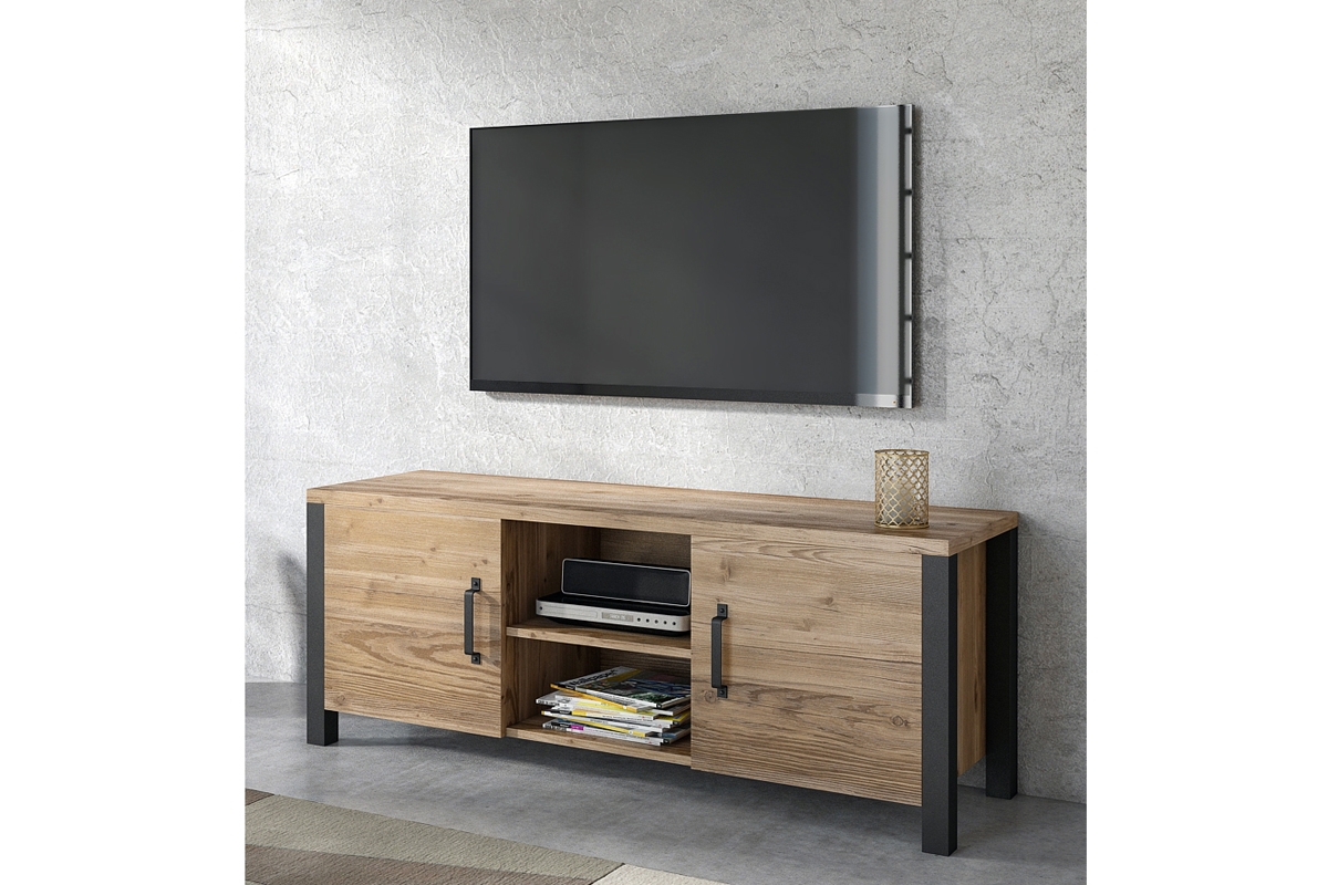 TV stolek Olin 41 s výklenky 147 cm - appenzeller fichte / černý mat Industriální Komoda tv