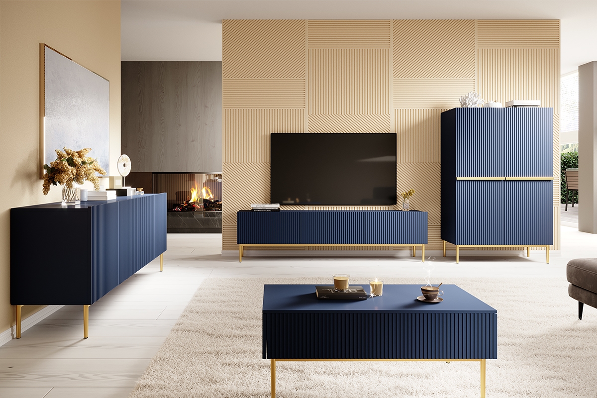 TV stolek Nicole 200 cm - tmavě modrá / zlaté nožky TV skříňka pro obývacího pokoje
