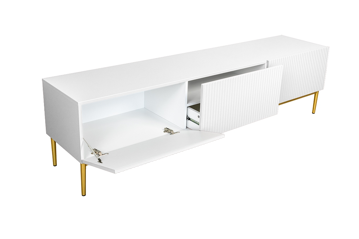 Nicole 200 cm-es TV-szekrény - matt fehér / arany lábak skříňka s větším úložným prostorem