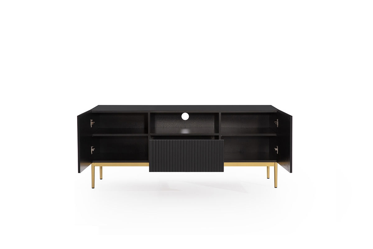 TV stolek Nicole 150 cm s výklenkem - černý mat / zlaté nožky Skříňka tv s riflováním