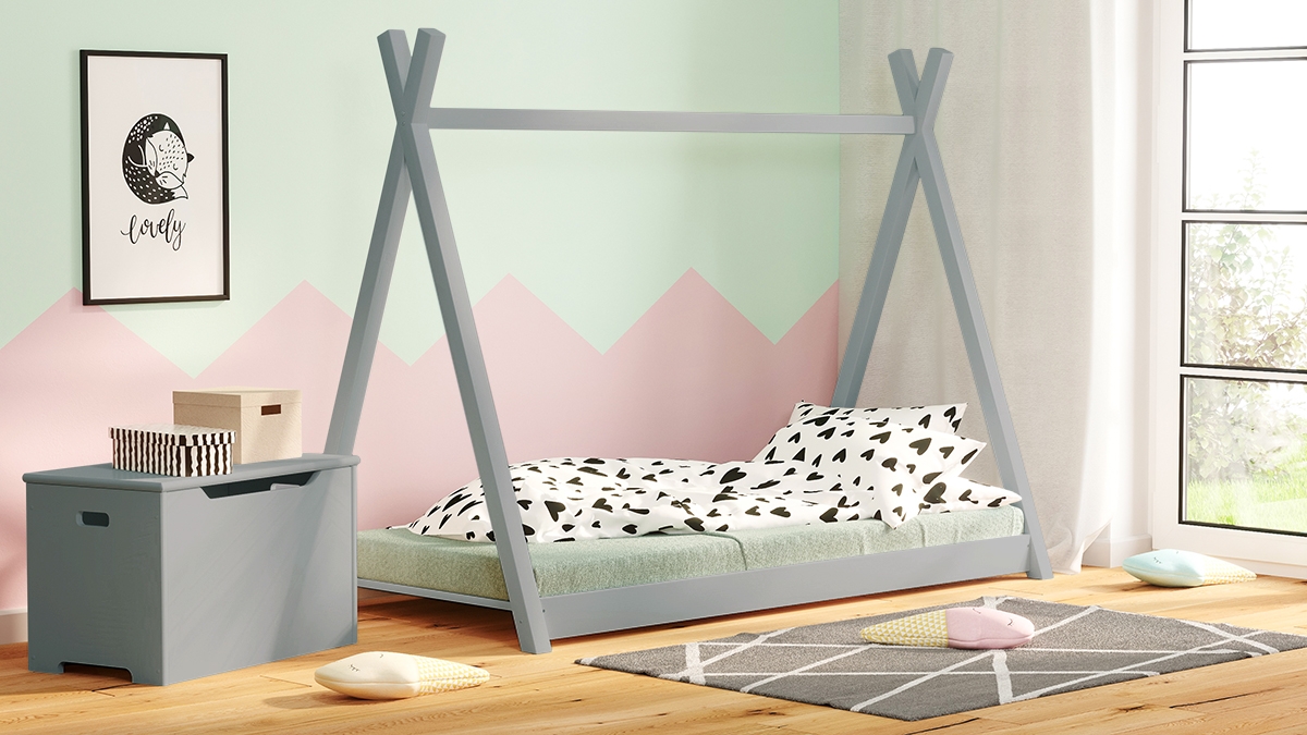 Dětská dřevěná postel Teepee postel dzieciece drewniane domeček Tipi - šedý 