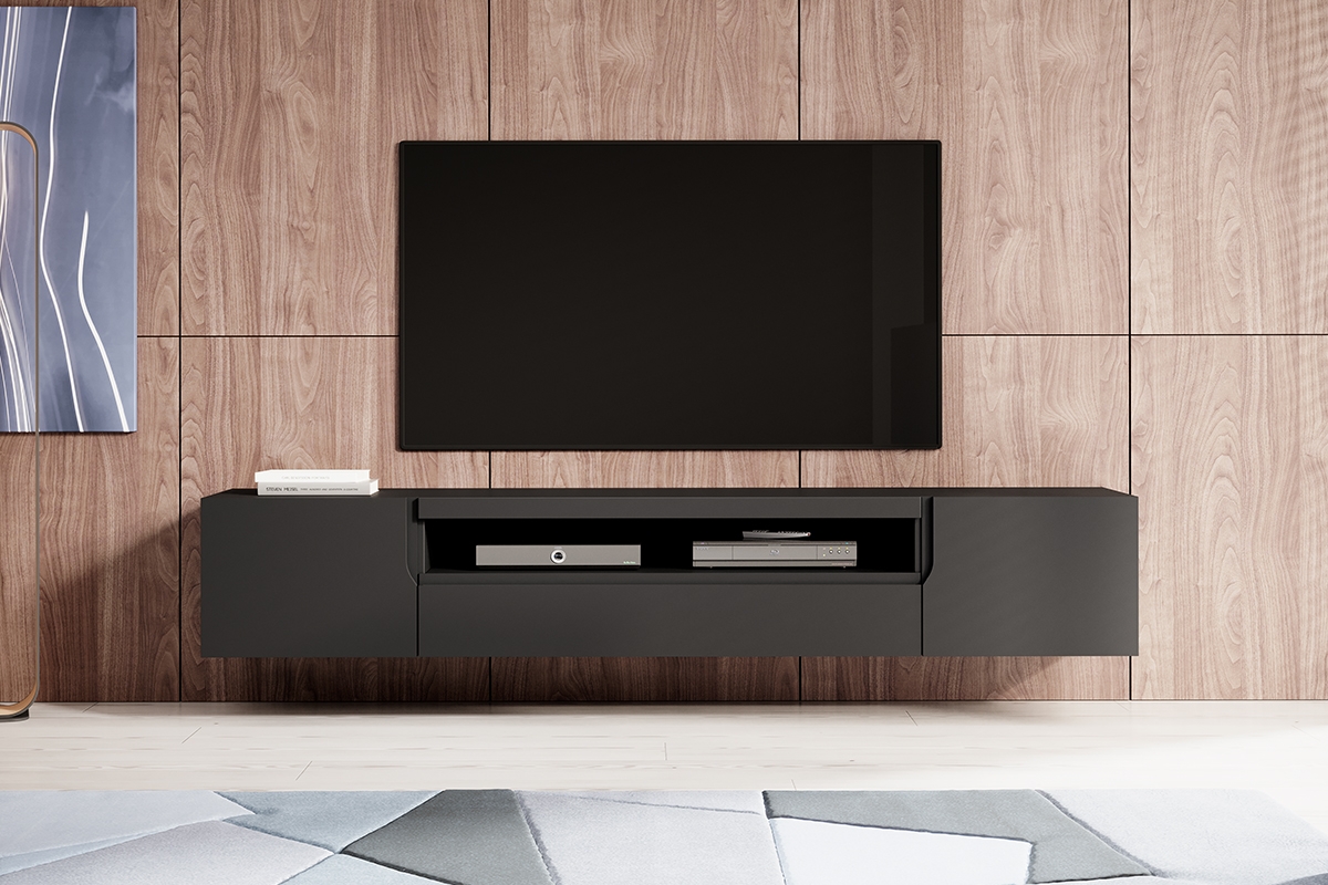 Závěsný TV stolek Loftia 200 cm - černá / černý mat Skříňka tv do obývacího pokoje