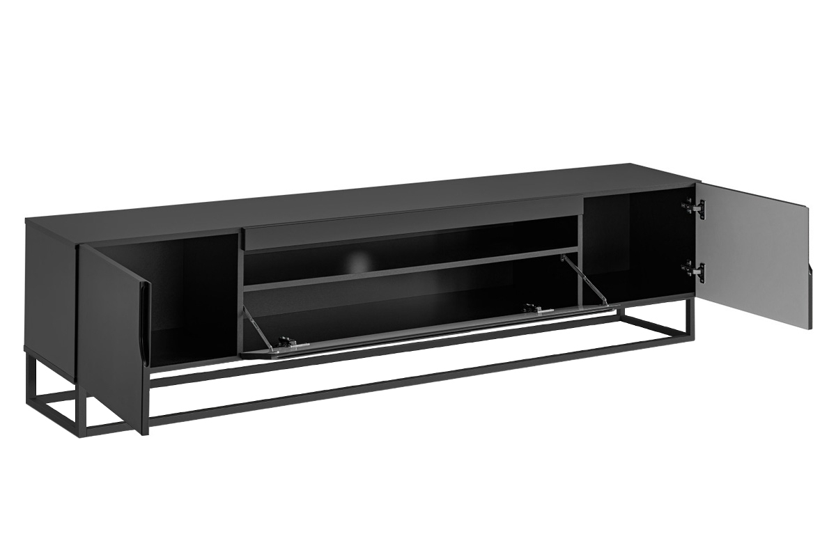 TV stolek Loftia 200 cm na kovovém podstavci - černá / černý mat Černá matná skříňka v Loft stylu