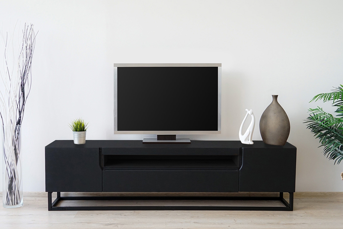TV skrinka Loftia s kovovým podstavcom 200 cm - čierna TV skrinka v minimalistickom štýle