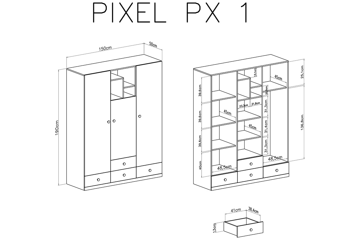 Skriňa Pixel 1 - dub piškótový/biela lux/sivá Skriňa mlodziezowa Pixel 1 - dub piškótový/Biely lux/šedý - schemat