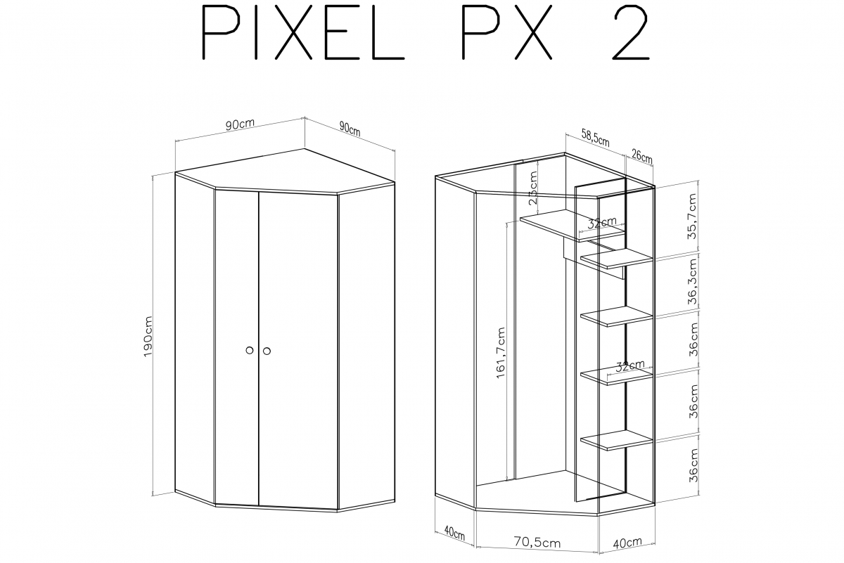 Pixel 2 kétajtós sarokszekrény - kekszes tölgy/lux fehér/szürke Skříň rohová dvoudveřová Pixel 2 - dub piškotový/Bílý lux/szürke - schemat