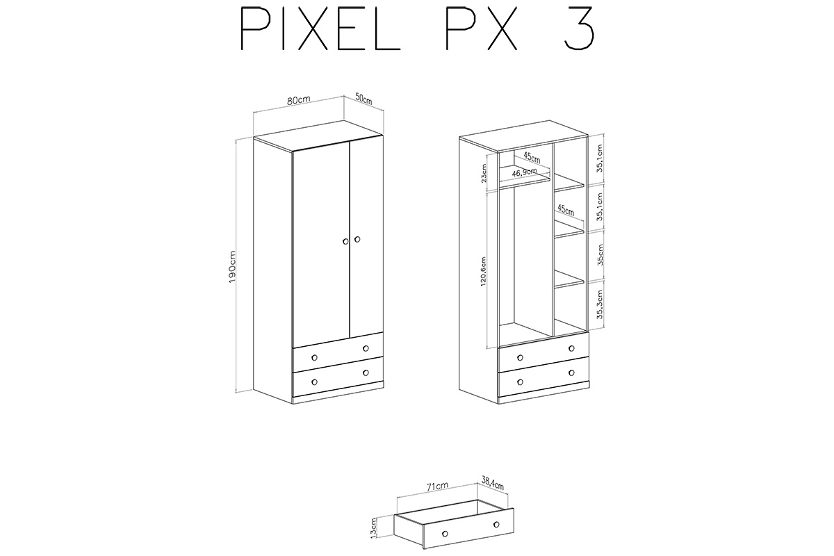 Skriňa mlodziezowa Pixel 3 so zásuvkami 80 cm - Dub biszkoptowy / Biely lux / šedý Skriňa mlodziezowa Pixel 3 - dub piškótový/Biely lux/šedý - schemat