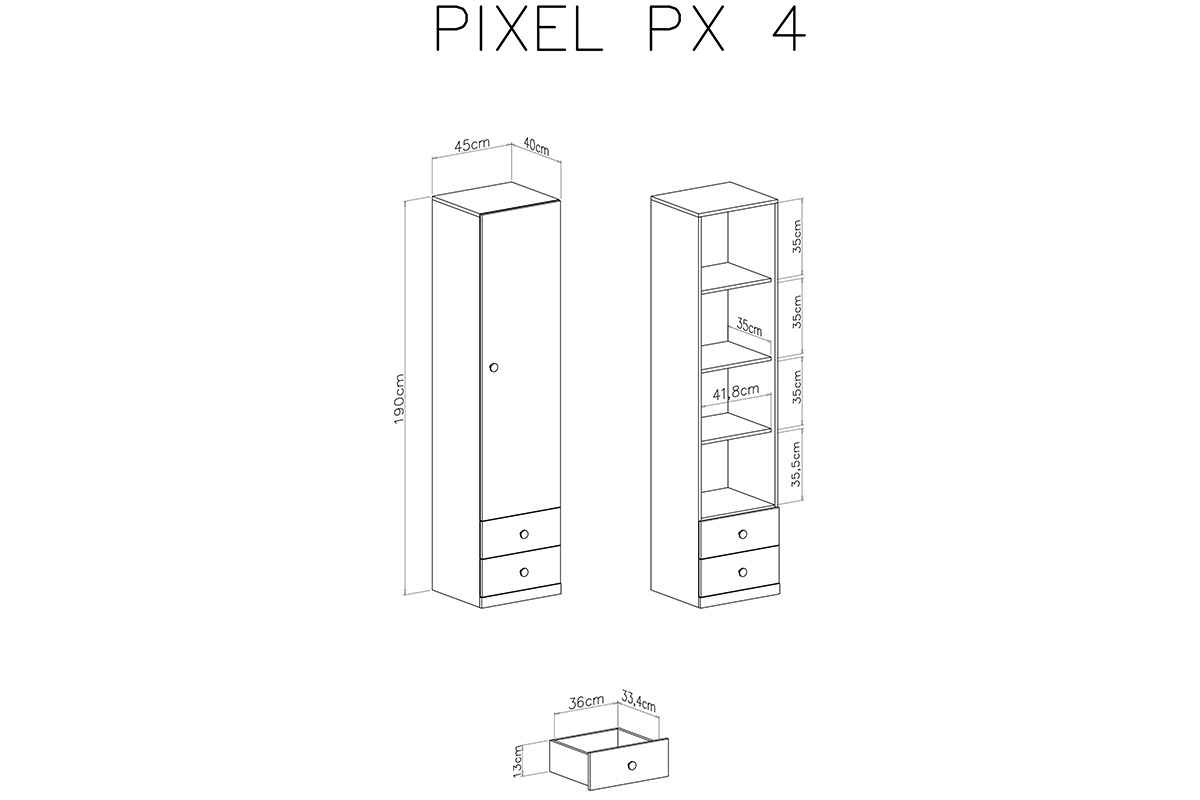 Jednodverová skriňa so zásuvkami Pixel 4 - dub piškótový/biela lux/sivá Regál jednodverový so zásuvkami Pixel 4 - dub piškótový/Biely lux/šedý - schemat