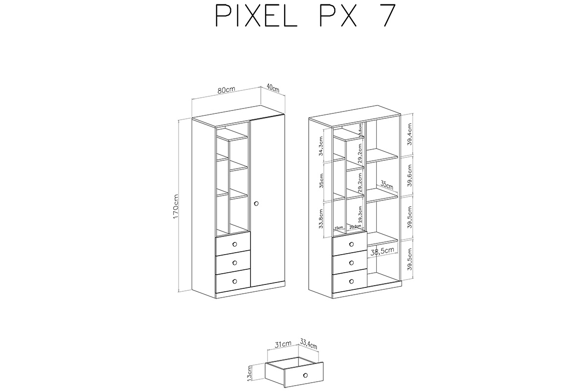 Regál Pixel 7 so zásuvkami 80 cm - Dub biszkoptowy / Biely lux / šedý Regál Pre mladých Pixel 7 - dub piškótový/Biely lux/šedý - schemat
