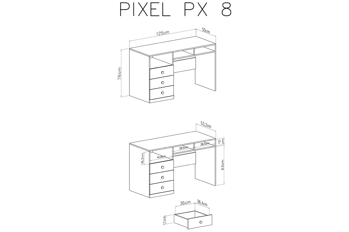 Písací stôl mlodziezowe Pixel 8 so zásuvkami 125 cm - Dub biszkoptowy / Biely lux / šedý Písací stôl pre mládež Pixel 8 - dub piškótový/Biely lux/šedý - schemat