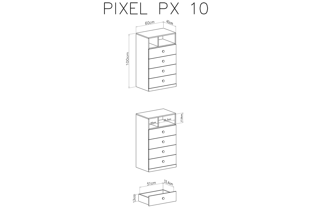 Pixel 10 gyerek komód, négy fiókkal - kekszes tölgy/lux fehér/szürke Komoda mlodziezowa se čtyřmi zásuvkami Pixel 10 - dub piškotový/Bílý lux/szürke - schemat