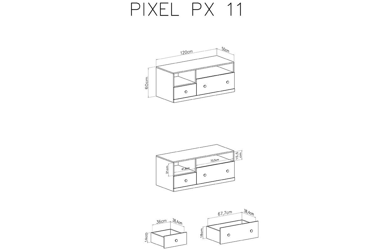 Skříňka tv Pixel 11 - Dub piškotový/Bílý lux/šedý TV skříňka Pixel 11 - dub piškotový/Bílý lux/šedý - Rozměry