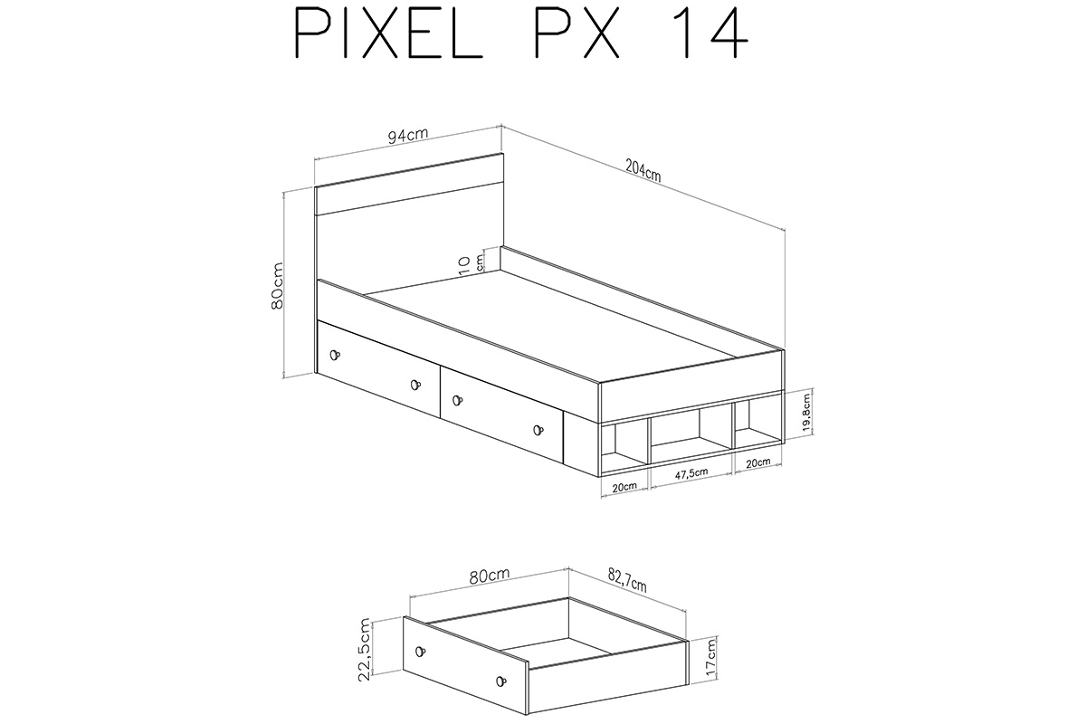 Pixel 14 gyerekágy 90x200 cm - kekszes tölgy/lux fehér/szürke Mládežnická postel 90x200 Pixel 14 - dub piškotový/Bílý lux/szürke - Rozměry