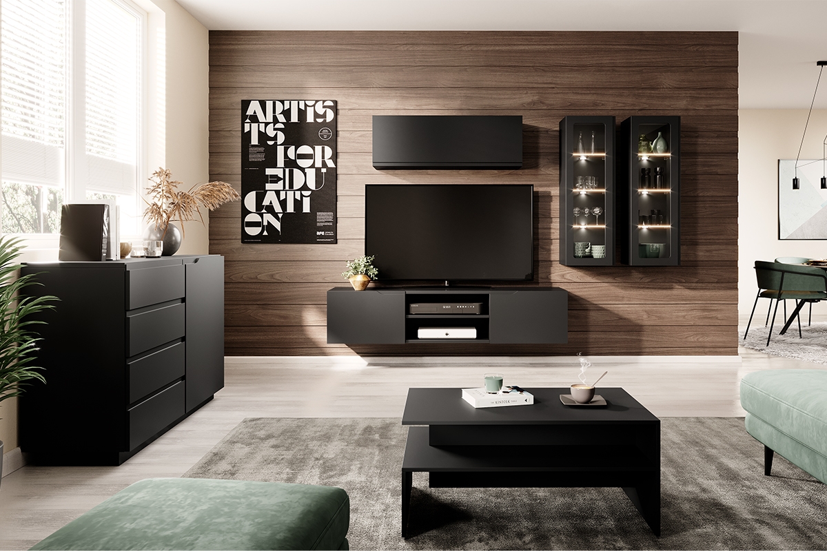 Závěsný TV stolek Loftia Mini - černá / černý mat Skříňka rtv do obývacího pokoje