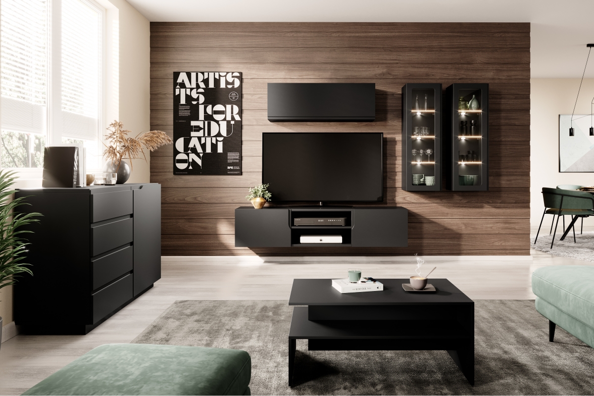 Loftia vízszintes felakasztható szekrény - fekete/fekete matt Skříňka závěsná do obývacího pokoje 