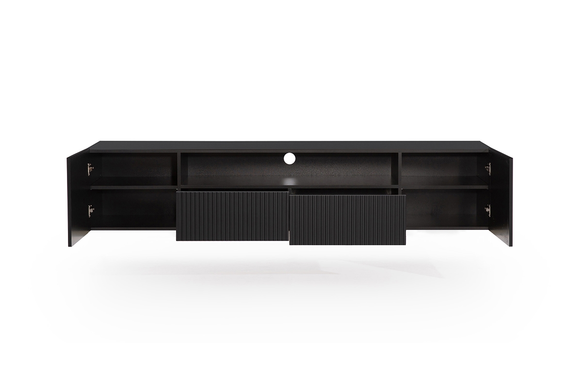 Závěsný TV stolek Nicole 200 cm s výklenkem - černá / černý mat Skříňka tv s výklenkem