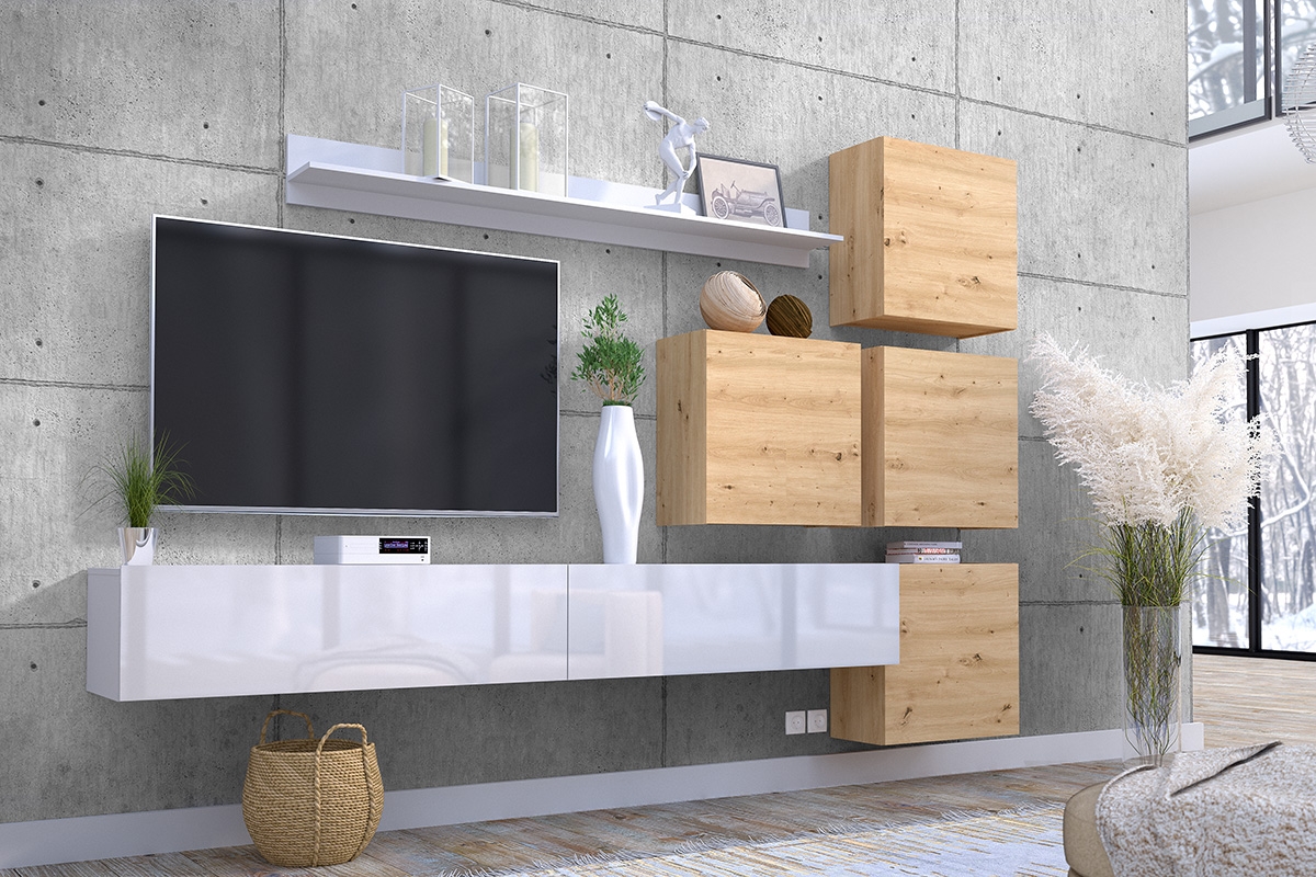 Obývací stěna závěsná do obývacího pokoje Nilagra - Bílý / Dub artisan Závěsné Televizní stolky 